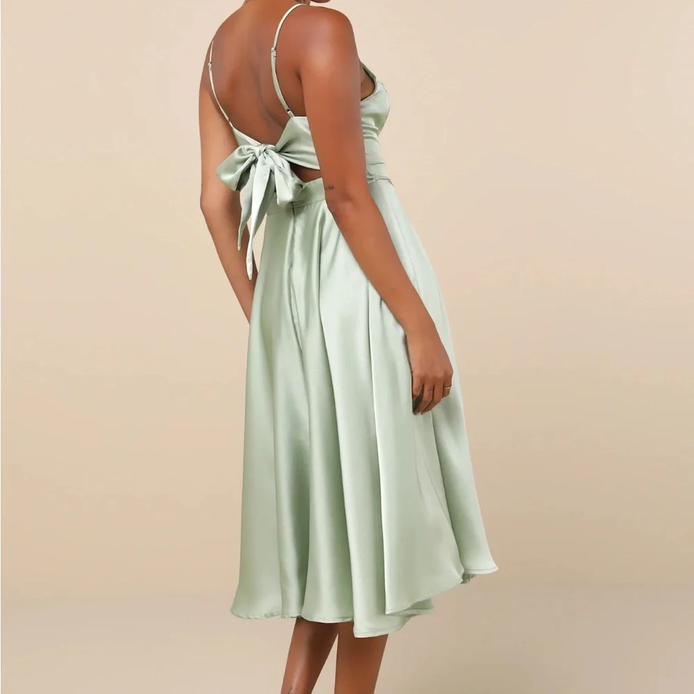 Lulus Days Like Today Sage Green Satin Asymmetrical Tie-Back Midi Dress - Picture 3 of 9